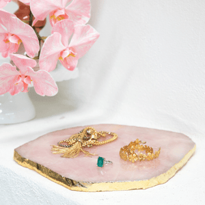 rose quartz gold electroplated platter makes pretty jewellery display