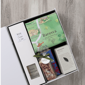 Chocolate, coconut and lime reed diffuser, gourmet nougat, English breakfast tea bags, plus a watercolour-illustrated map cotton tea towel of the Barossa and matching greeting card in a gift hamper with free delivery