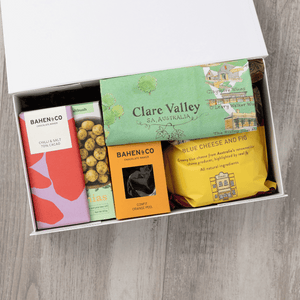 Gourmet popcorn, artisanal chocolate, hand-roasted macadamias, plus a watercolour-illustrated map cotton tea towel of the Clare Valley and matching greeting card in a gift hamper with free delivery