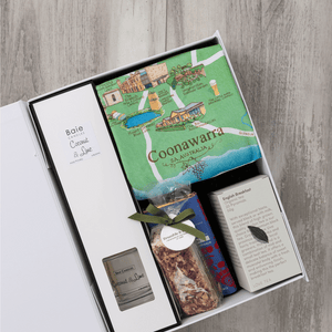 Chocolate, coconut and lime reed diffuser, gourmet nougat, English breakfast tea bags, plus a watercolour-illustrated map cotton tea towel of the Coonawarra and matching greeting card in a gift hamper with free delivery