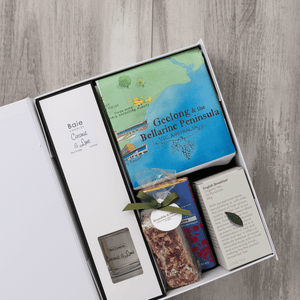 Chocolate, coconut and lime reed diffuser, gourmet nougat, English breakfast tea bags, plus a watercolour-illustrated map cotton tea towel of Geelong & the Bellarine Peninsula and matching greeting card in a gift hamper with free delivery