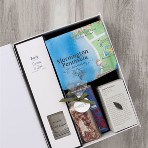 Chocolate, coconut and lime reed diffuser, gourmet nougat, English breakfast tea bags, plus a watercolour-illustrated map cotton tea towel of the Mornington Peninsula and matching greeting card in a gift hamper with free delivery