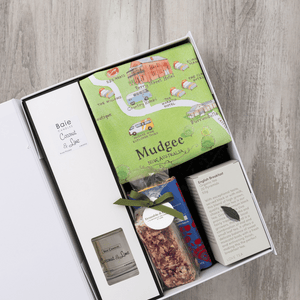 Chocolate, coconut and lime reed diffuser, gourmet nougat, English breakfast tea bags, plus a watercolour-illustrated map cotton tea towel of Mudgee and matching greeting card in a gift hamper with free delivery