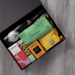 Sparkling wine, gourmet popcorn, artisanal chocolate, hand-roasted macadamias, plus a watercolour-illustrated map cotton tea towel of Orange and matching greeting card in a gift hamper with free delivery