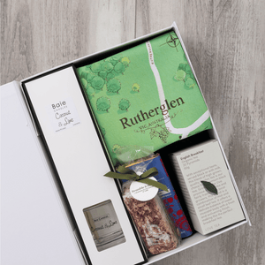 Chocolate, coconut and lime reed diffuser, gourmet nougat, English breakfast tea bags, plus a watercolour-illustrated map cotton tea towel of Rutherglen and matching greeting card in a gift hamper with free delivery