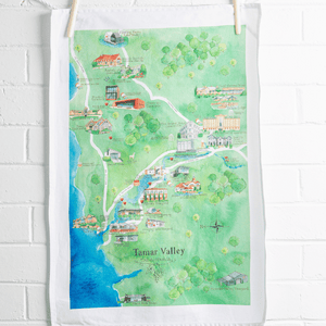 Tamar Valley wine region map tea towel hanging on wall
