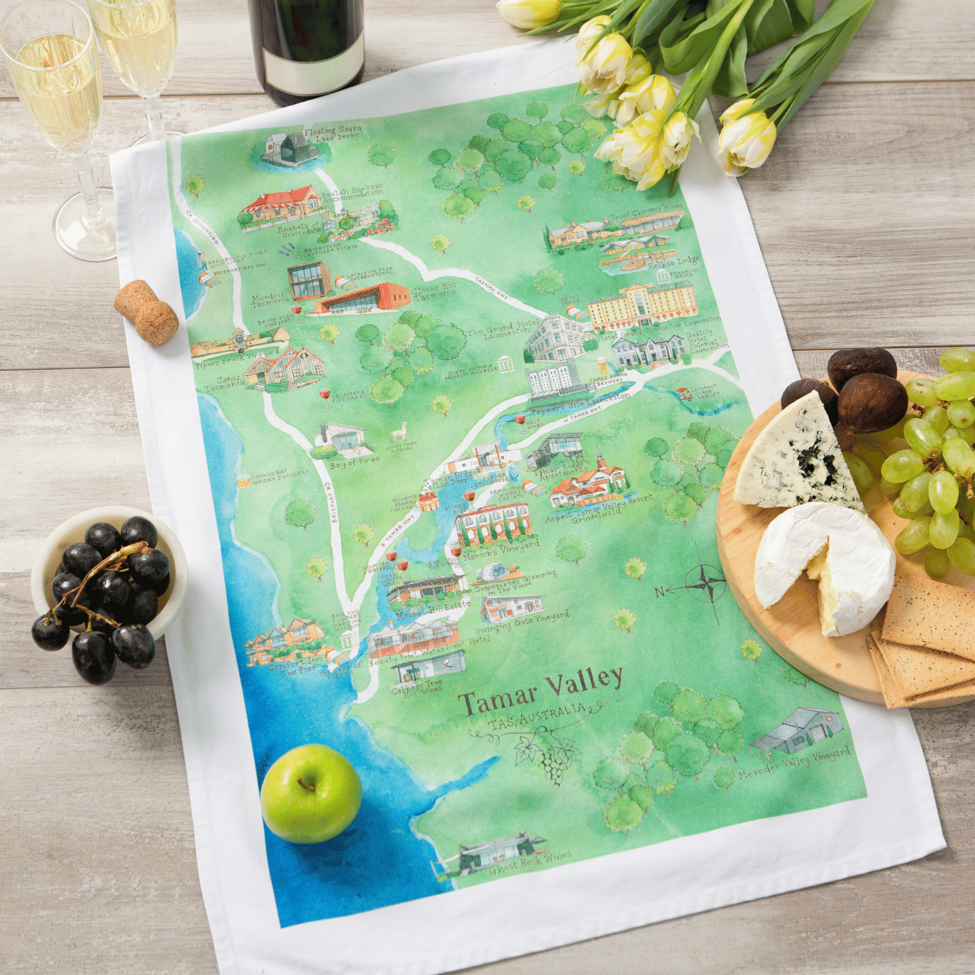 Tamar Valley wine region map tea towel