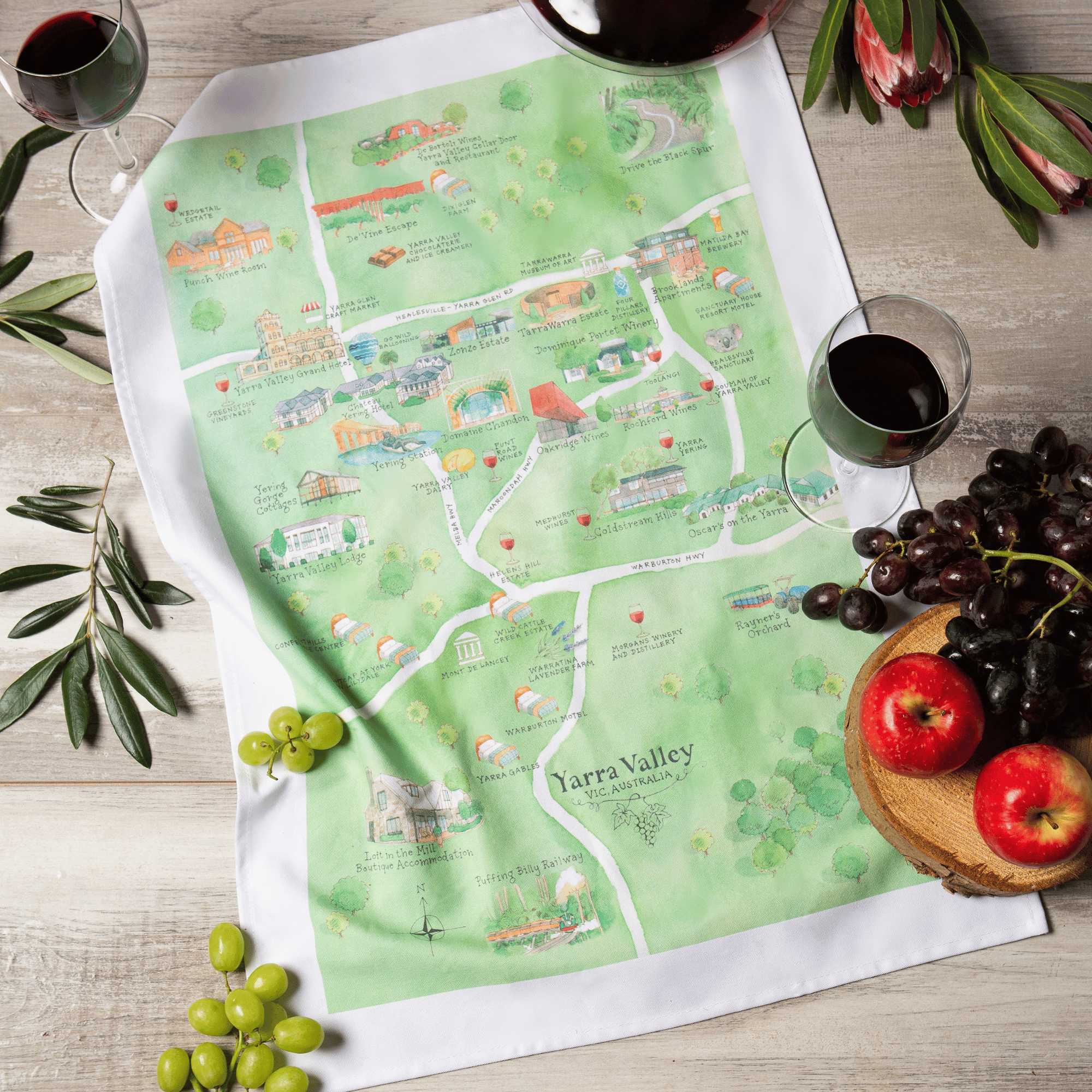 Yarra Valley wine region map tea towel in stylised image