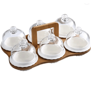6-dish removable glass dome bowl bamboo tray