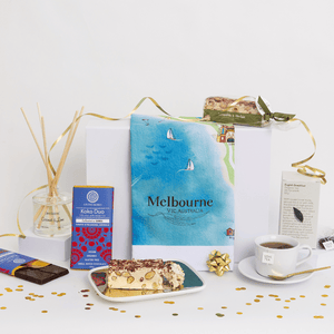 Chocolate, coconut and lime reed diffuser, gourmet nougat, English breakfast tea bags and your choice of one of 18 Australian map tea towels birthday anniversary thank you gift hamper