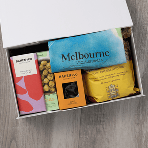 Gourmet popcorn, artisanal chocolate, hand-roasted macadamias, plus a watercolour-illustrated map cotton tea towel of Melbourne and matching greeting card in a gift hamper with free delivery