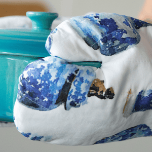Blue and white watercolour ginger jar print oven mitts Australian made