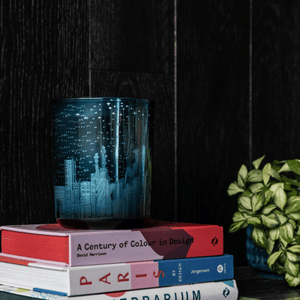 Blue Mercury glass Candle etched with iconic world buildings burns for 100 hours  great Mothers Day gift