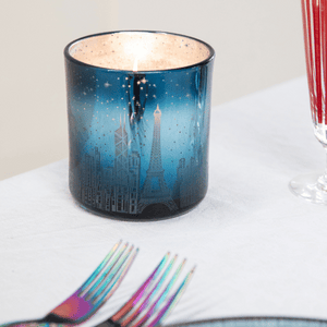 Blue Mercury glass Candle etched with iconic world buildings burns for 100 hours  great birthday gift