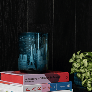 Blue Mercury glass Candle etched with iconic world buildings burns for 100 hours 