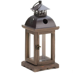 30cm high rustic metal and wooden lantern ex-rental