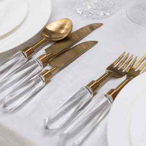 Clear lucite acrylic perspex gold cutlery set of 20 pieces perfect for Christmas entertaining