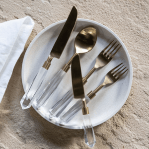 Clear lucite acrylic perspex gold cutlery set of 20 pieces perfect for Christmas entertaining