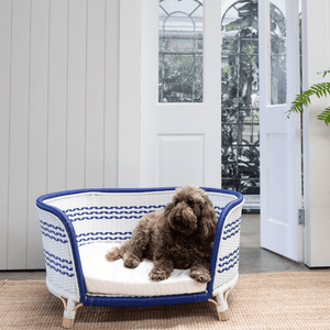 Smart blue and white rattan dog bed roomy elegant Melbourne delivery only