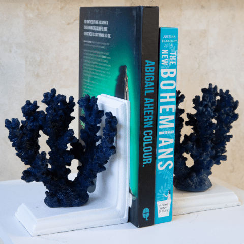 Hamptons Shelfie Style: Coral Resin Bookends 18cm Navy or White - Brighton  House Decor