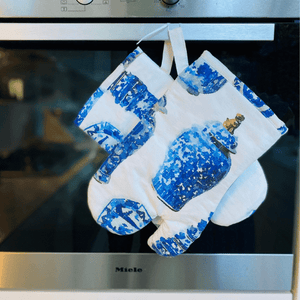 Blue and white watercolour ginger jar print oven mitts Australian made hanging on oven door
